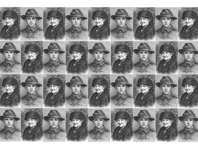 A black-and-white mosaic of two repeating head-and-shoulders drawings: one of a smiling woman in a round hat, and the other of a young man in soldier's uniform.